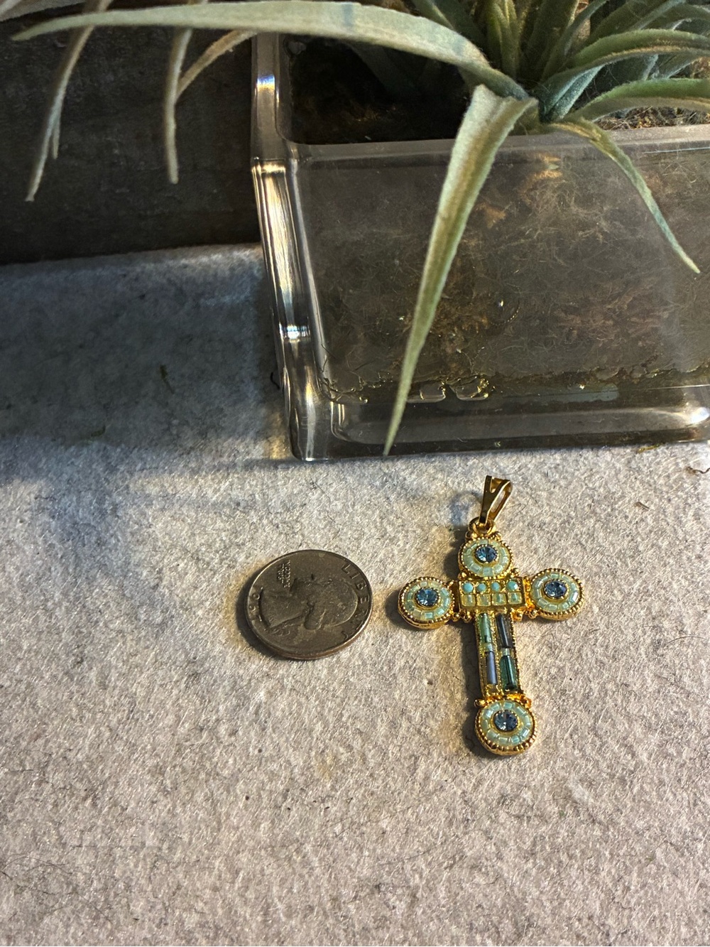 Gold-Tone Cross Pendant with Aqua and Turquoise Crystals